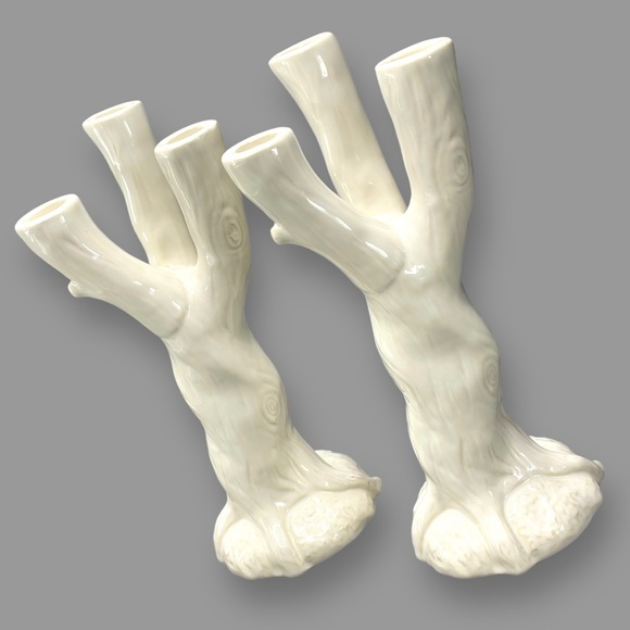 Roscher Set of 2 Nature's Nest White Stoneware Candle Holders Cottagecore 11" - Picture 2 of 9